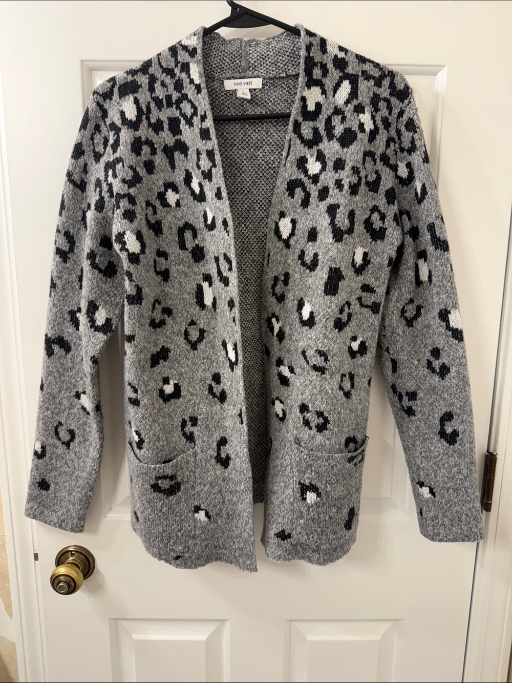 Nine West Gray Black and White Leopard-Print Open Cardigan
